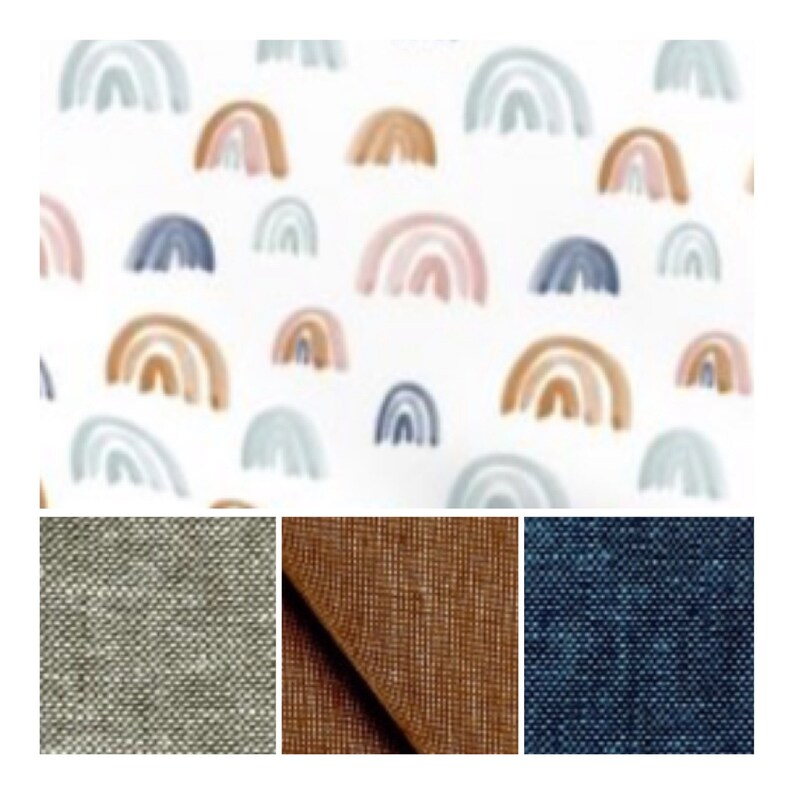 Puede incluir: Una tela blanca con un patr&oacute;n repetitivo de arco&iacute;ris de colores. La tela se muestra junto a tres muestras de tela: gris claro, marr&oacute;n y azul oscuro.