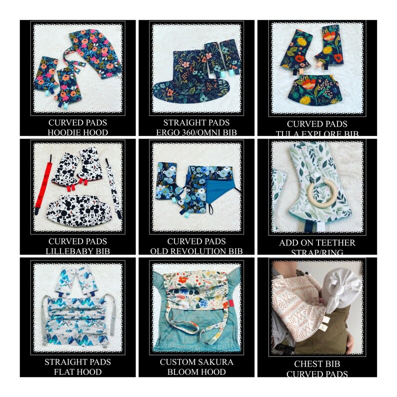 Puede incluir: Un collage de nueve im&aacute;genes que muestran diferentes tipos de accesorios para portabeb&eacute;s. Las im&aacute;genes presentan varios patrones y colores de tela, incluyendo dise&ntilde;os florales, geom&eacute;tricos y abstractos. Los accesorios incluyen baberos, capuchas y correas para mordedores.