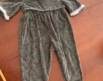Romper, Velveteen with Cotton Lace Trim and Snap Crouch