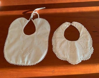 2 Hand embroidered, crochet edged Baby Bibs