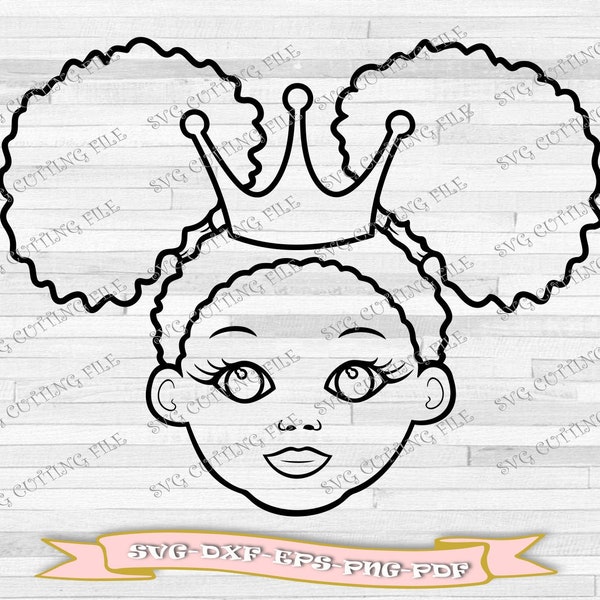 Little girl with crown outline svg - Black little girl svg - svg file, dxf, eps, png, pdf - for Cricut - SIP AND PAINT party canvas files.