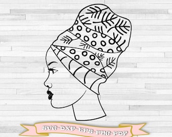 Black woman svg, woman black girl outline svg, head with turban hair svg, files in digital format svg, eps, dxf, png, pdf. For Cricut