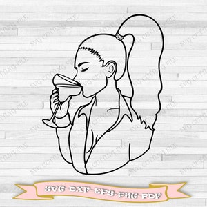 May include: Line art illustration of a person with long hair pulled back in a ponytail, drinking from a martini glass.