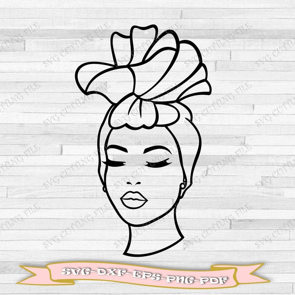 Black woman outline with turban in hair svg - Download in svg file, dxf, eps, pdf, png, for Cricut - SIP AND PAINT party canvas files.