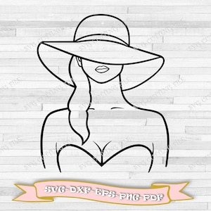 May include: A black and white line drawing of a person wearing a large sun hat. The hat is pulled down low over the person's eyes. The person is wearing a strapless top.