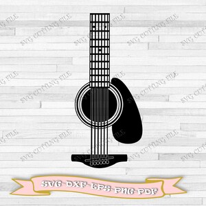 Puede incluir: Silueta en blanco y negro de una guitarra acústica con un agujero de sonido redondo y una sola pastilla. La guitarra está sobre un fondo de madera blanca.