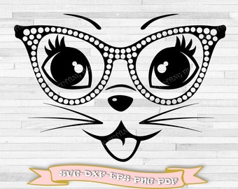 Cat svg, kitten face with glasses outline, clip art in digital format svg, eps, dxf, png, pdf. For Silhouette Cameo, Cricut, vinyl