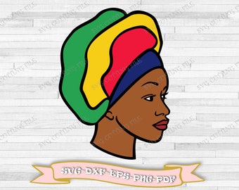 Profil de femme africaine avec turban drapeau africain svg, visage de fille africaine svg, télécharger en fichier svg, dxf, png, eps, pdf.