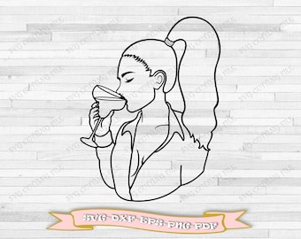 Girl sipping wine outline svg, black girl svg, five file svg download, dxf, png, pdf, eps; for Cricut, files for Sip and paint party canvas.