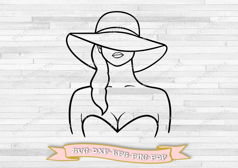 May include: A black and white line drawing of a person wearing a large sun hat. The hat is pulled down low over the person's eyes. The person is wearing a strapless top.