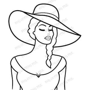 May include: A black and white line drawing of a woman wearing a large brimmed hat and a dress. She has her eyes closed and is looking down.