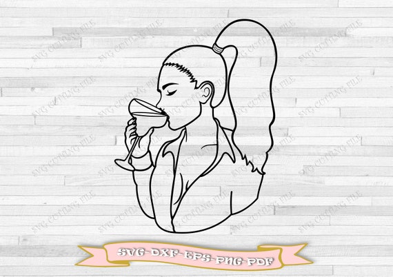 Girl sipping wine outline svg, black girl svg, five file svg download, dxf, png, pdf, eps; for Cricut, files for Sip and paint party canvas.