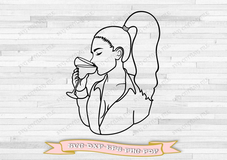 May include: Line art illustration of a person with long hair pulled back in a ponytail, drinking from a martini glass.