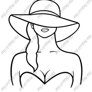 May include: A black and white line drawing of a person wearing a large brimmed hat. The person is facing forward and has their hair pulled back. The hat is pulled down low over the person's eyes.