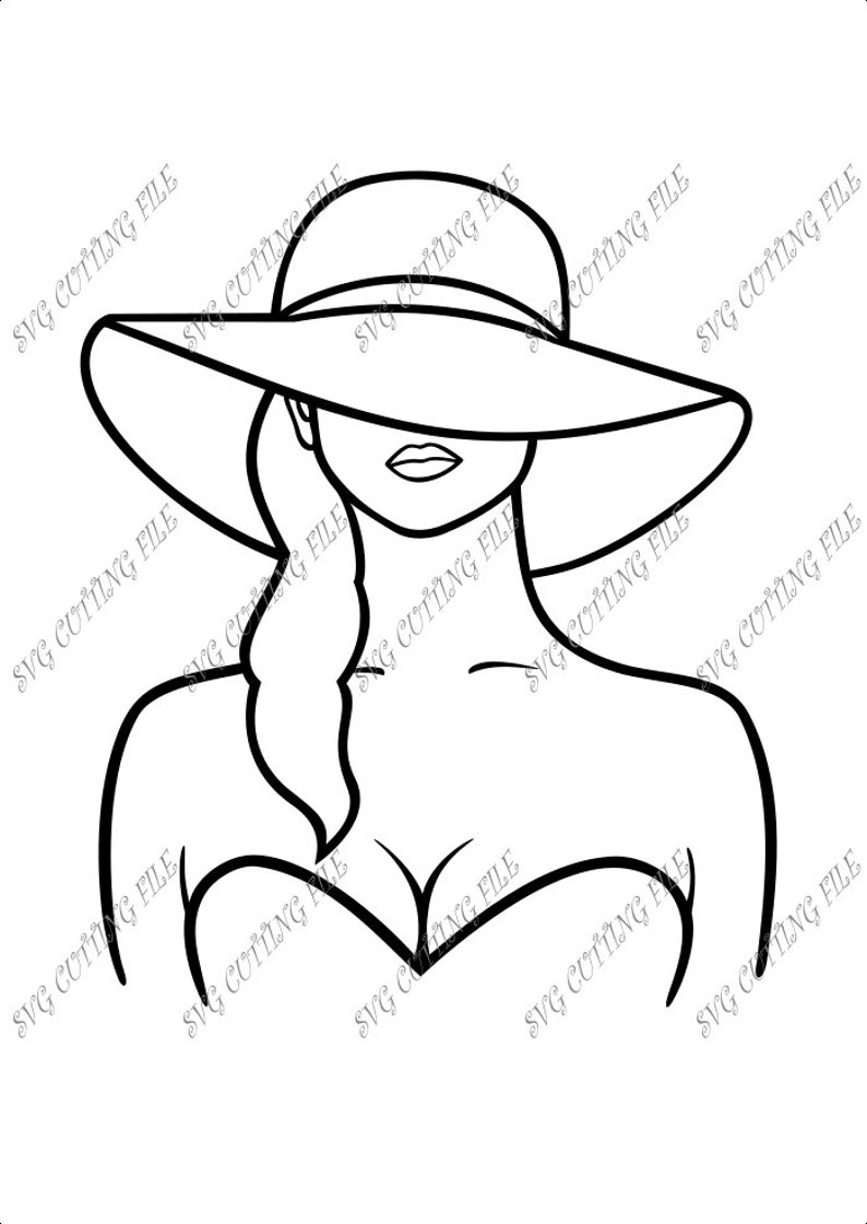 May include: A black and white line drawing of a person wearing a large brimmed hat. The person is facing forward and has their hair pulled back. The hat is pulled down low over the person's eyes.