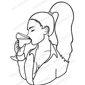 May include: Black and white line art illustration of a person with long hair pulled back in a ponytail, wearing a jacket and drinking from a martini glass.