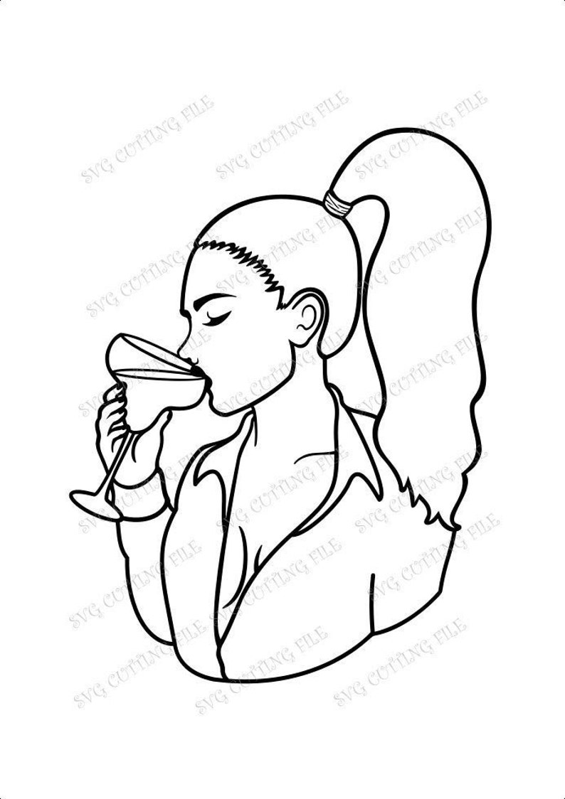 May include: Black and white line art illustration of a person with long hair pulled back in a ponytail, wearing a jacket and drinking from a martini glass.