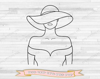 Vrouwelijk model svg, vrouw met hoed svg, zwarte vrouwencontour, downloaden in svg-bestand, dxf, eps, png, pdf, voor Cricut, Silhouette Cameo, vinyl