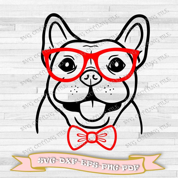 Cane con occhiali rossi svg - Bulldog francese con occhiali e papillon rossi - Cane Franchie -  Download di file svg, dxf, eps, png, pdf.