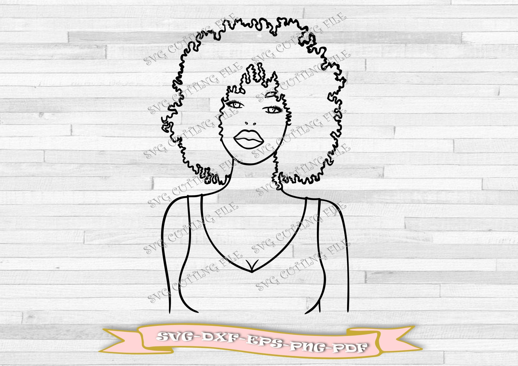 Schattig zwart meisje met krullend haar omtrek svg, download met bestanden in de formaten svg, dxf, eps, pdf en png. Voor Cricut, Silhouette Cameo
