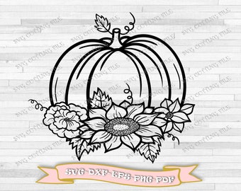 Floral Pumpkin SVG - Sunflower on Pumpkin svg - Flowers on Pumpkin - Outline svg - Autumn - Halloween - Thanksgiving - Pumpkin with Flowers