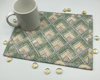 SALE ROOM Geometric Quilted Mug Rugs (Set of 2) 8.5" x 11.5" Soft Pastel Mats, Green Peach Pink Mats or Snack Mats, Ready To Ship