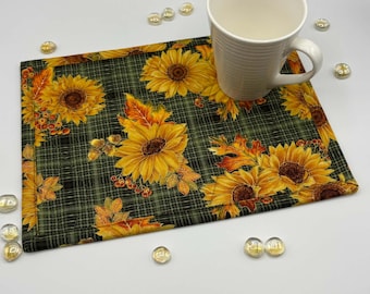 Quilted Sunflower Mug Rug Set: Green Plaid and Golden Mini Placemats (8.5" x 11.5")