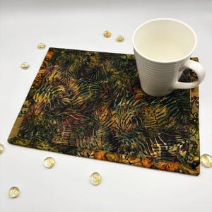 Quilted Batik Fabric Mug Rugs, Tropical Leaf Mini Placemats - Set of 2  (8.5" x 11.5")