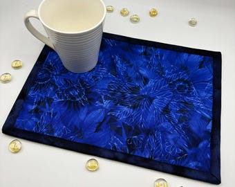 Quilted Blue Floral Mug Rug Set: Deep Azure Snack Mats 8.5" x 11.5"