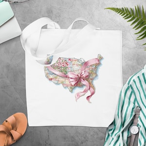 Sac fourre-tout carte des États-Unis avec motif floral ruban rose, sac à provisions réutilisable avec carte des États-Unis et noeud, illustration de carte tendance