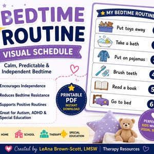 May include: A visual bedtime routine schedule featuring a numbered list of six tasks including putting toys away, taking a bath, putting on pajamas, brushing teeth, reading a book, and going to bed, with a yellow crescent moon and a teddy bear.