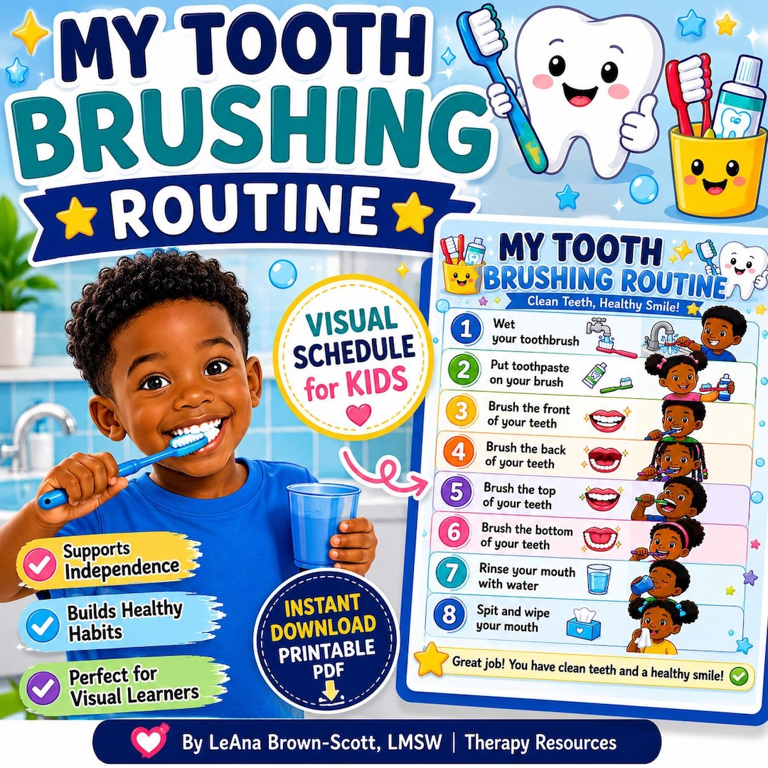 Kids Tooth Brushing Visual Schedule | Dental Hygiene Routine (digital ...