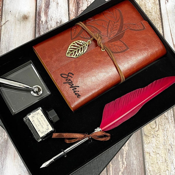 Personalisiertes Leder Journal, Roter Feder Dip Pen mit schwarzer Tinte Geschenk Set, Geschenke für Frauen und Männer, Geburtstagsgeschenke, Muttertag, Vatertag