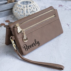 Cartera de cuero para mujer, billetera personalizada para ella, billetera de cuero grabada, billetera compacta plegable delgada, mini monedero para dama, regalo para mamá