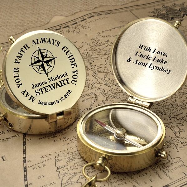 Personalized Gold Compass Baby Baptism Gift - Unique Baptism Gift Idea for Boy or Girl, First Communion or Confirmation Gift