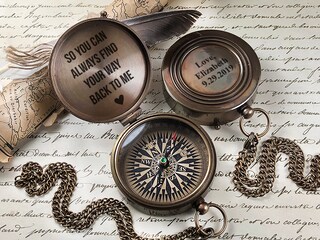 Bussola Antica In Ottone Con Incisione – Astuccio In Pelle, Personalizzabile, Regalo Battesimo