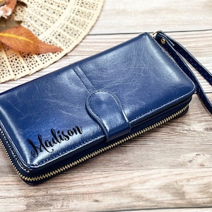 Cartera de cuero azul hecha a mano, billetera plegable con diseño de vaca auténtica, regalo de cumpleaños, regalo de dama de honor, regalo de aniversario, regalo de novia personalizado para mujer