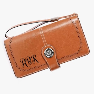 Cartera de cuero para mujer con nombre, billetera de bolsillo personalizada, minimonedero con ventana de identificación, billetera plegable compacta de lujo con bloqueo RFID, regalo para ella