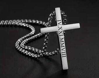 Personalized Cross Necklace Men Mens Custom Engraved Silver Gold Black Men Jewelry Pendant Necklaces Baptism Christian Bible Verse Gifts
