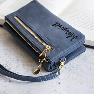 Cartera de piel suave, cartera plegable con cremallera para mujer, cartera de piel con correa, cartera de piel para mujer, cartera personalizada para mujer, regalos para ella