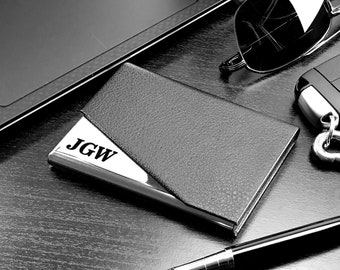 Personalized Business Card Holder Case Stainless Steel Metal Leather Office Gifts Gift for Him Her