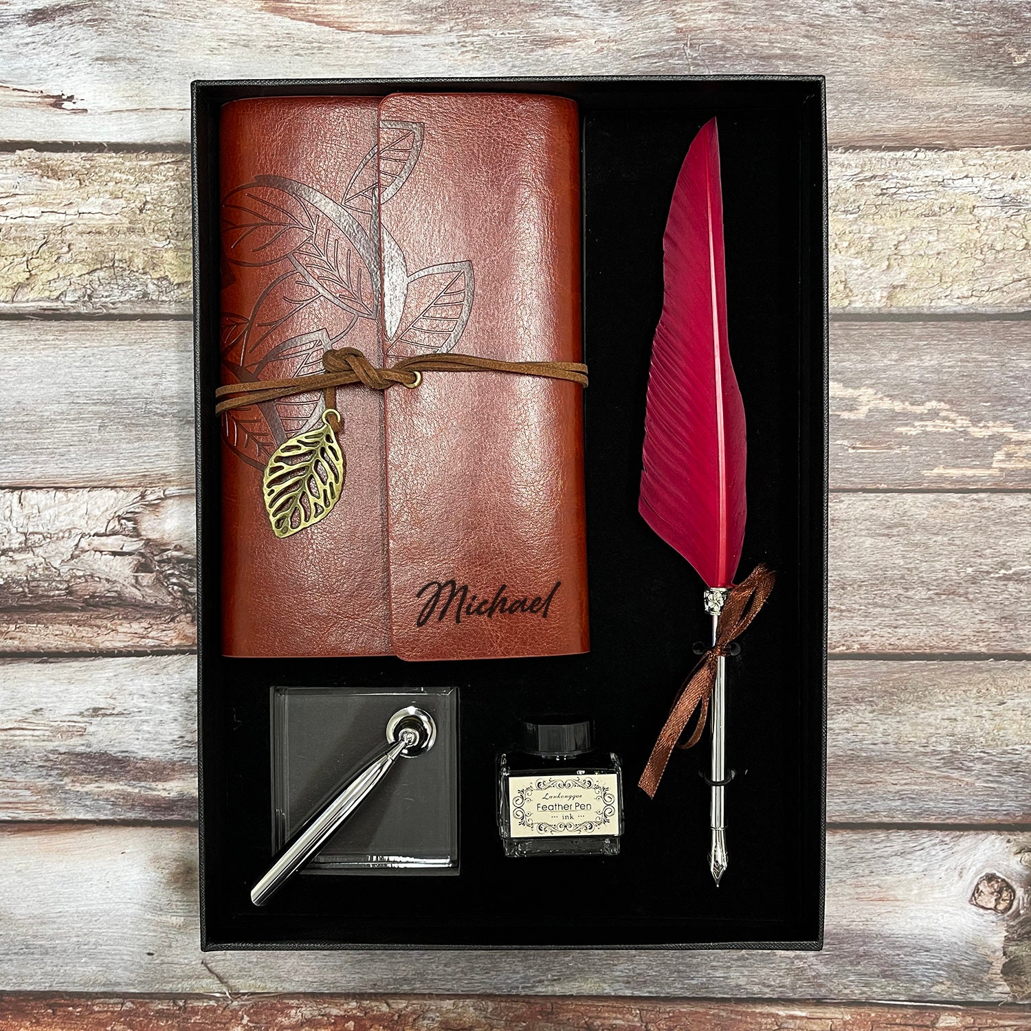 Personalized Leather Journal, Red Feather Dip Pen With Black Ink