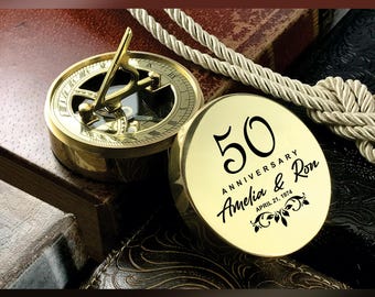 Personalized Brass Compass 50th Anniversary Gift, Gold Anniversary Keepsake, Wedding Gold Compass Gift for Couple, Custom Engraved Compass