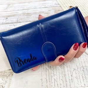 Cartera de cuero con nombre escrito, cartera para mujer, monedero pequeño de cuero con correa, cartera de cuero para mujer, regalo de cumpleaños personalizado, regalo para mamá