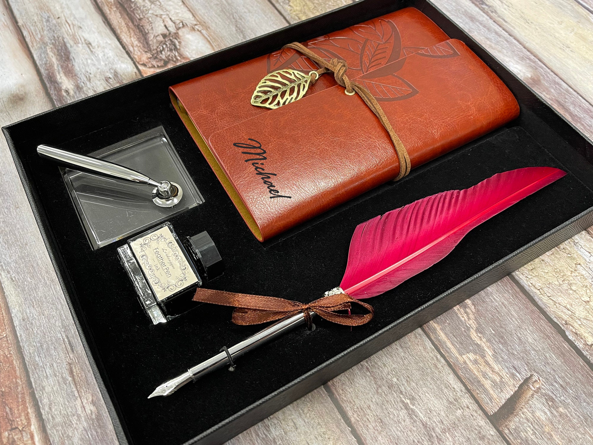 Personalized Leather Journal, Red Feather Dip Pen With Black Ink Gift Set,  Gifts for Women and Men, Birthday Gifts, Mother Day, Father Day 