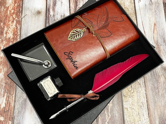 Personalized Leather Journal, Red Feather Dip Pen With Black Ink Gift Set,  Gifts for Women and Men, Birthday Gifts, Mother Day, Father Day 