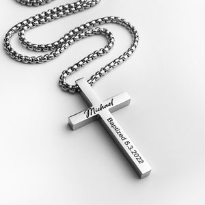 Personalized Silver Cross Necklace Gift for Men Custom Engraved Black Cross Pendant, Everyday Cross Necklace, Tarnish Resistant Cross