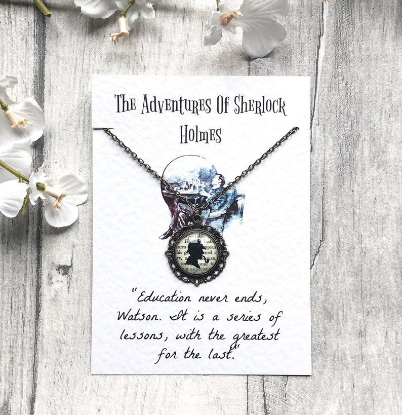 Antique Bronze Tone Glass Pendant Arthur Conan Doyle Watson Moriarty Detective Gifts Sherlock Holmes Necklace Book Lover