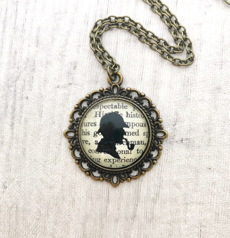 Antique Bronze Tone Glass Pendant Arthur Conan Doyle Watson Moriarty Detective Gifts Sherlock Holmes Necklace Book Lover