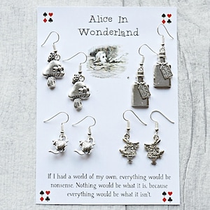 Alice In Wonderland Earring Set - Sterling Silver/Silver Plated, Literary Gift, Book Gift, Caterpillar Earrings, Drink Me, Teapot Earrings